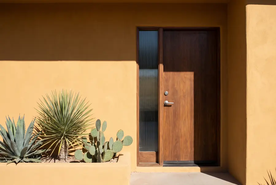 A walnut front door with a narrow glass panel in the ochre stucco wall of a southwestern ranch house.